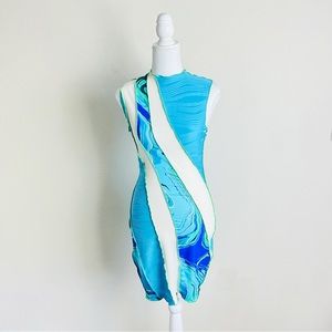 Asymmetrical Blue & Cream Marble Contrast Stitching Bodycon Mini Dress